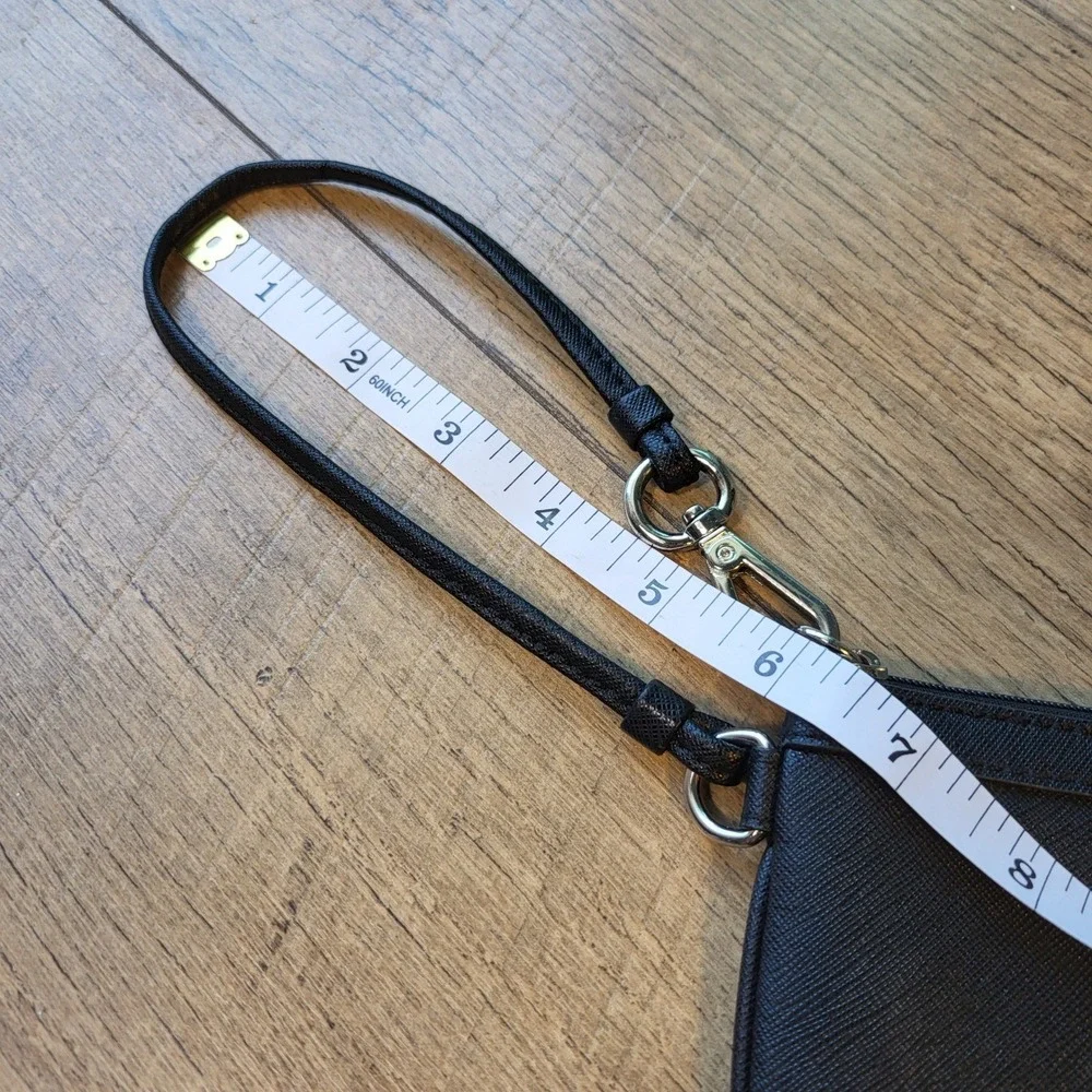 Calvin Klein Black Saffiano Leather Wristlet Pouch Zip Top Wallet Silver Logo